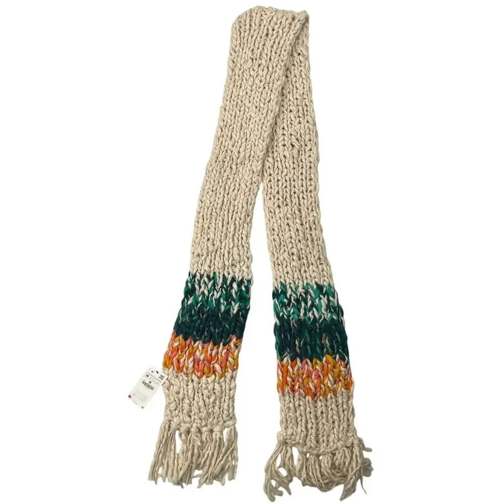 NEW Zara Cream Green Orange Crochet Chunky Knit Fringe Hem Boho Neck Scarf Sz M